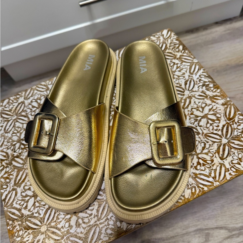 MIA Metallic Gold Slide Sandals with Buckle Accent